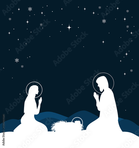 Christian Christmas scene with birth of Jesus and shining star on blue sky, illustration.