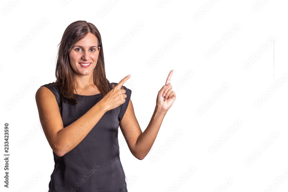 young woman pointing with hands on white background young woman pointing with hands on white background