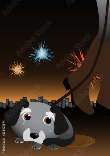 Dog is afraid of louds sounds, whistles and crying. Fireworks make stress for animals during yearend celebrations. Night sky, human with belt, fireworks and city lights on background. Vector image.