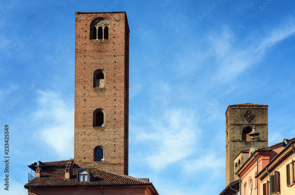 detail of Piazza Risorgimento, main square of Alba (Piedmont, Italy) with the medieval towers