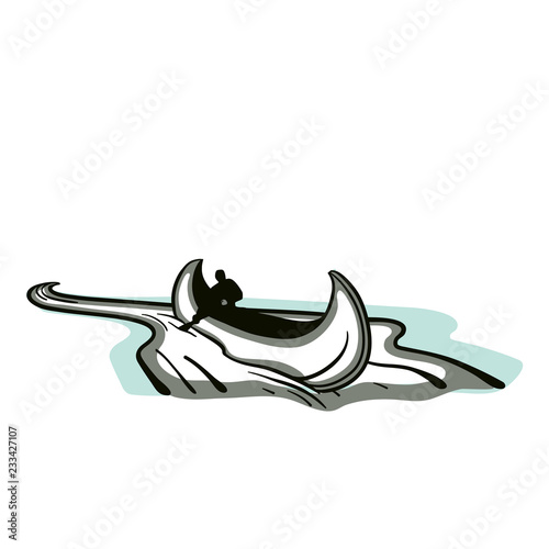 Man in canoe paddling down or up a river.