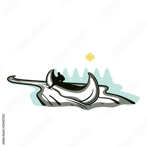 Man in canoe paddling down or up a river.