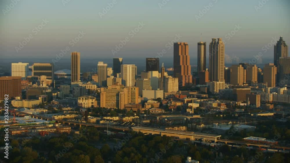 Aerial dawn sunrise downtown skyscraper business district Atlanta Aerial dawn sunrise downtown skyscraper business district Atlanta