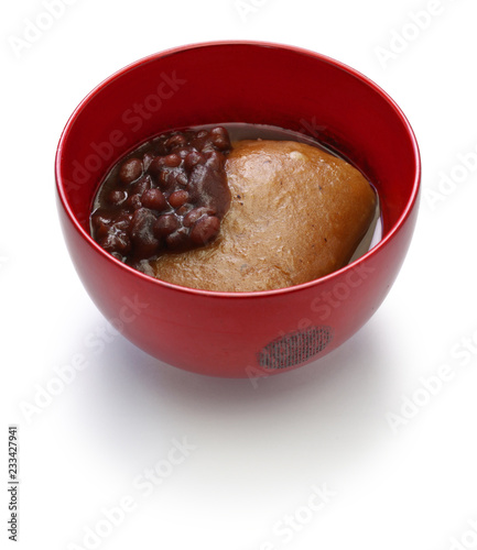 Tochi Mochi Zenzai, horse chestnuts rice cake with sweet simmered adzuki beans, traditional japanese dessert
 photo