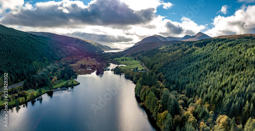 Aerial view of Laggan with swing bridge in the Great Glen above Loch Oich in the scottish highlands - United Kingdom photo