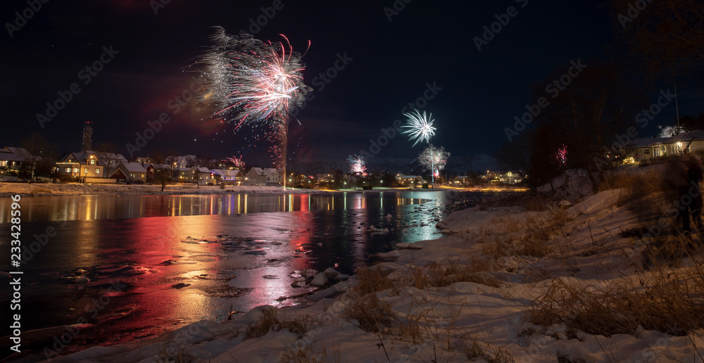 Celebration of New Year's Eve with fireworks in Bonnoysund, Northern Norway