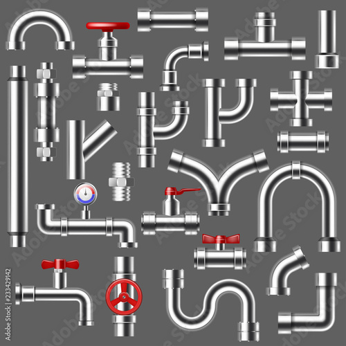 Pipe vector plumbing pipeline or piped tubing construction of metal piping system illustration set of metalic tubes faucet connection with valves isolated on background