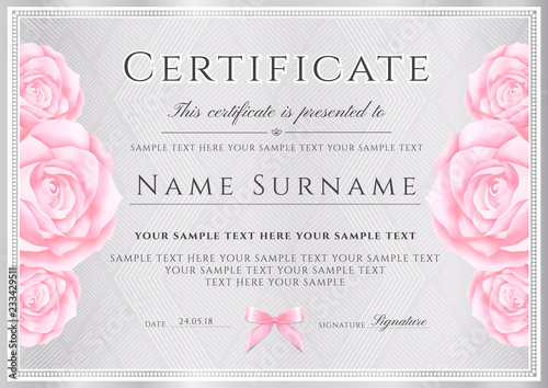 Certificate vector template. Silver triangle pattern background with border frame and rose flowers for Diploma, certificate of appreciation, excellence, attendance or invitation design