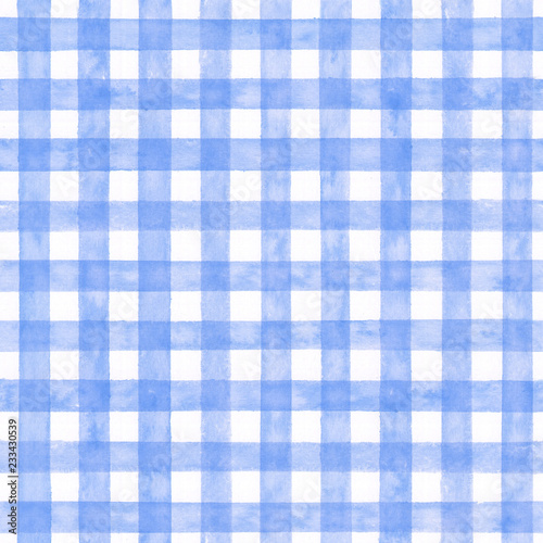 Blue checked watercolor pattern. Fabric background.