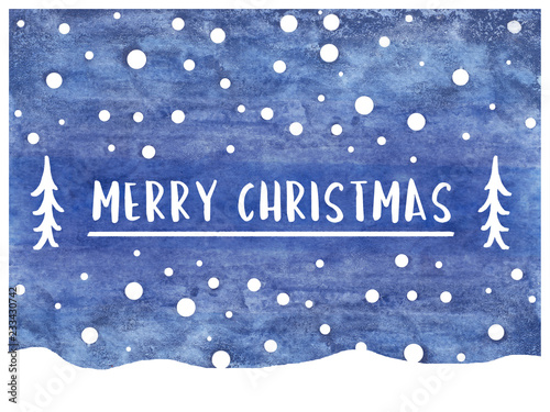 Watercolor snow painted card. Christmas postcard. Happy holidays. Blue and white illustraion.