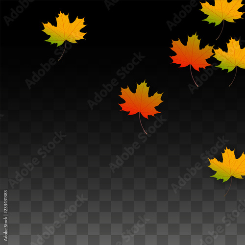 September Vector Background with Golden Falling Leaves. Autumn Illustration with Maple Red, Orange, Yellow Foliage. Isolated Leaf on Transparent Background. Bright Swirl. Suitable for Posters.