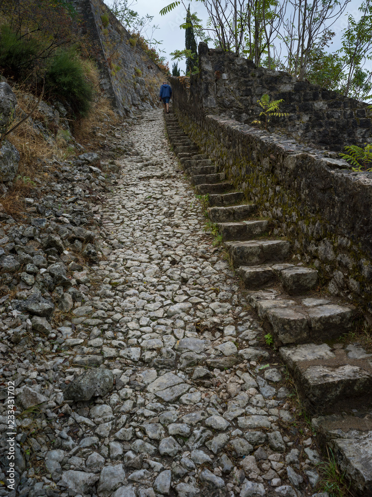 Stone path leading towards Kotor Fortress, Kotor, Bay of Kotor, Montenegro