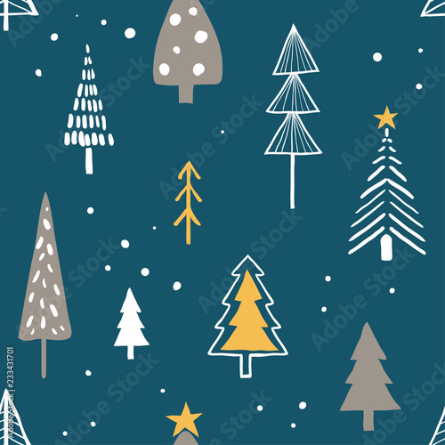 Merry christmas seamless pattern with simple minimalist trees on dark background. Doodle forest cartoon texture for greeting cards, fabric or wrapping paper designs.  Holiday, new year