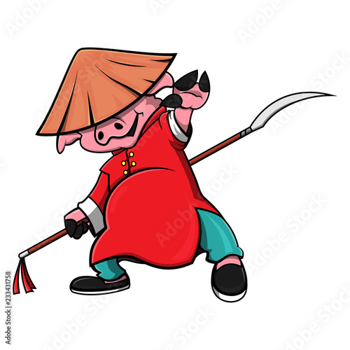 Master Pig perform his kungfu with spear to celebrate chinese New Year Cartoon Vector