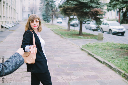 Business Women Style. Woman Going To Work Walking Downstairs. Portrait Of Beautiful Smiling Female In Stylish Office Clothes Going Old Town.