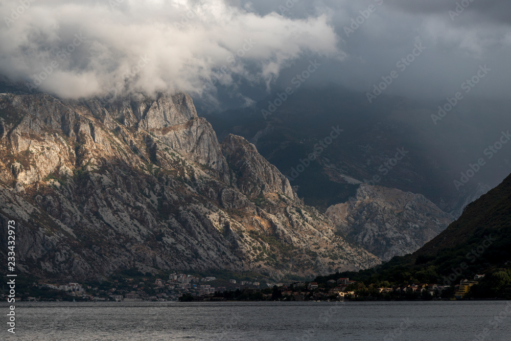 Sunlight falling on mountain, Bay of Kotor, Montenegro