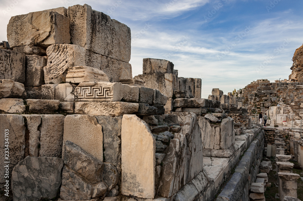 View of detail stone block, meander motif in Ephesus, Turkey.