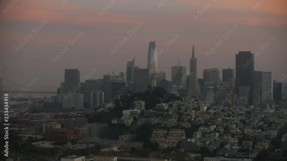 Aerial dusk view Coit Tower downtown San Francisco