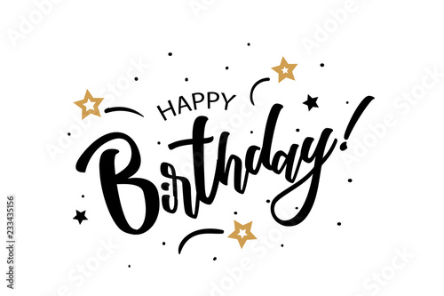 Happy Birthday. Beautiful greeting card poster, calligraphy black text word golden star fireworks. Hand drawn, design elements. Handwritten modern brush lettering, white background isolated vector