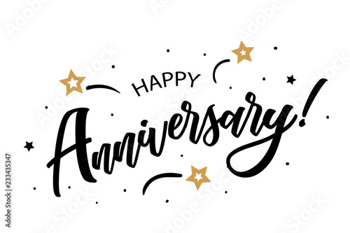 Happy Anniversary. Beautiful greeting card poster, calligraphy black text word golden star fireworks. Hand drawn, design elements. Handwritten modern brush lettering, white background isolated vector.
