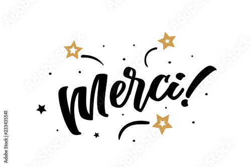 Merci. Beautiful greeting card poster, calligraphy black text word golden star fireworks. Hand drawn, design elements. Handwritten modern brush lettering, white background isolated vector