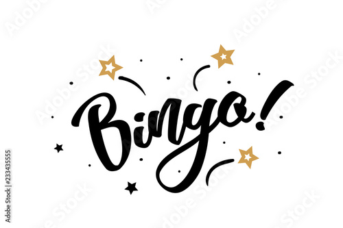 Bingo. Beautiful greeting card poster, calligraphy black text word golden star fireworks. Hand drawn, design elements. Handwritten modern brush lettering, white background isolated vector