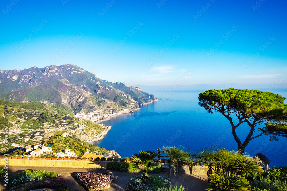 Beautiful view on mediterranean sea from Ravello on Amalfi coast, Italy