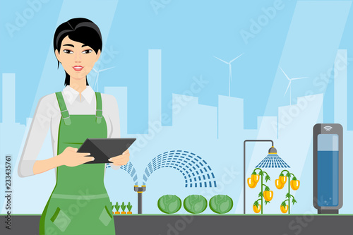 Asian woman farmer with tablet in a modern greenhouse. Internet of things in agriculture. Smart farm with wireless control. Vector illustration.