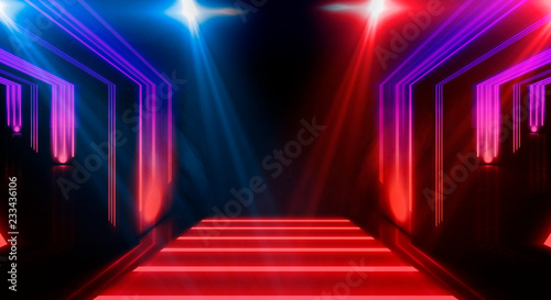 Background of an empty room at night with smoke and neon light. Dark abstract background. Background of an empty show scene. 