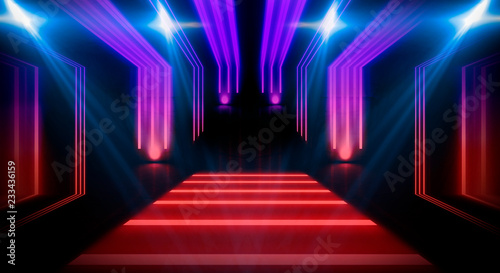 Background of an empty room at night with smoke and neon light. Dark abstract background. Background of an empty show scene.  © MiaStendal