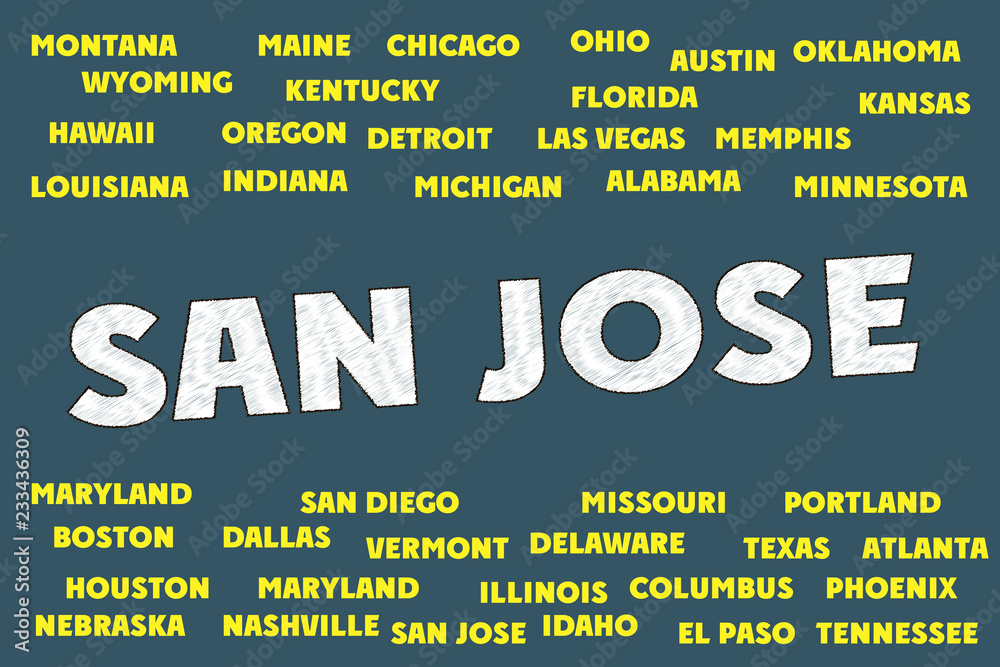 SAN JOSE Words and Tags Cloud. USA Cities and states