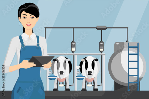 Asian woman farmer with tablet on a modern dairy farm. Smart farming, herd management and automatic milking. Vector illustration.