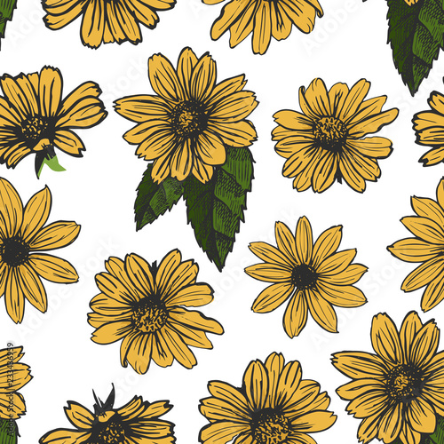 Yellow flowers on white background seamless pattern. Blooming sunflower with leaves floral pattern.