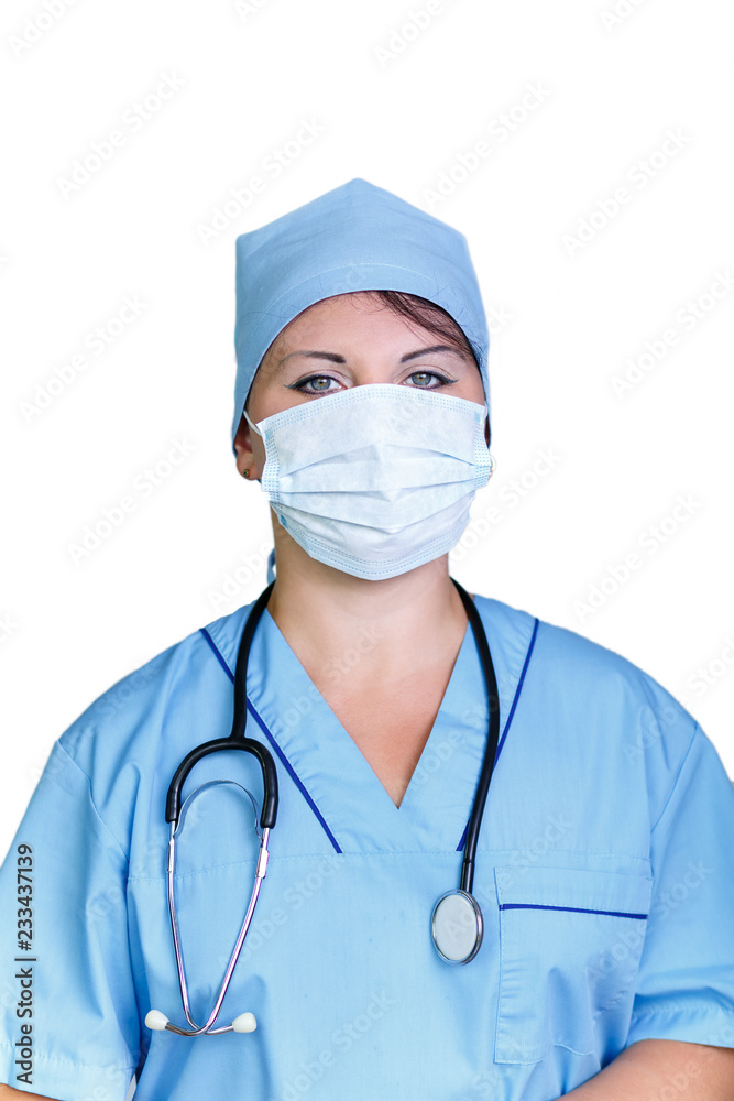 Young smiling female doctor in mask on white background. Young smiling female doctor in mask on white background.