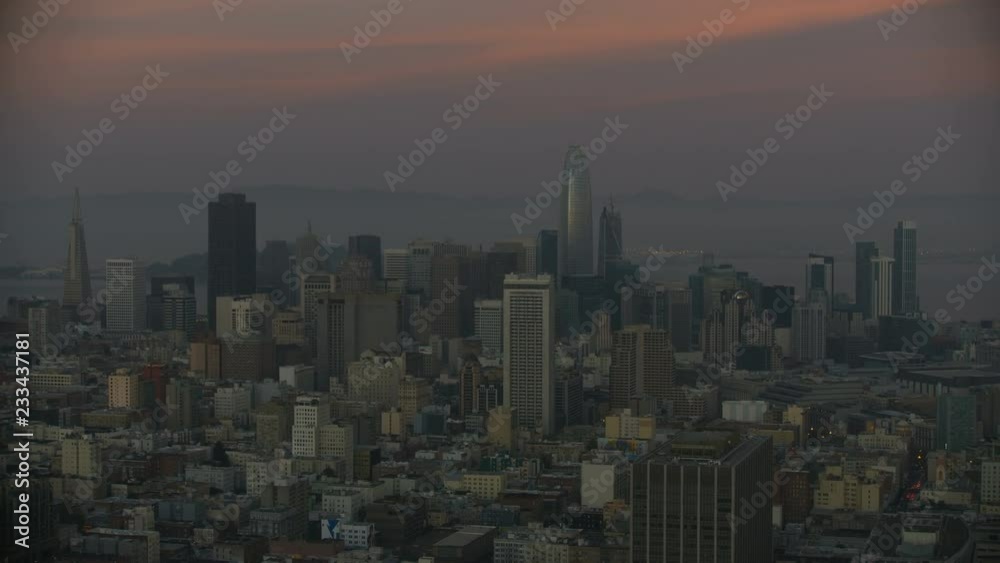 Aerial dusk view Salesforce Tower downtown San Francisco Aerial dusk view Salesforce Tower downtown San Francisco