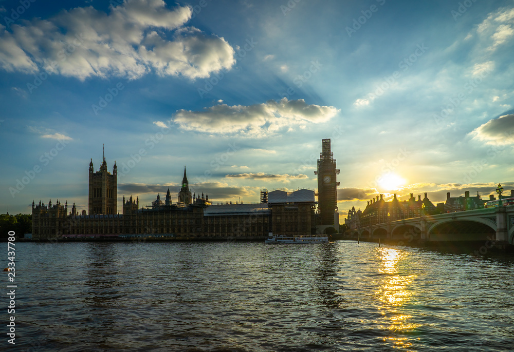 Big Ben, Houses of Parliament and Westminster bridge in London, UK.