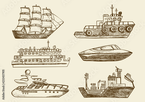 Set of hand drawn sea boats, passenger ships and yachts. Vintage vector illustration of nautical vessels