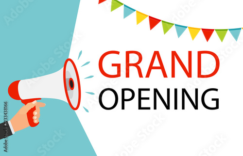 Megaphone with speech bubble and balloons. Grand opening concept. Vector Illustration