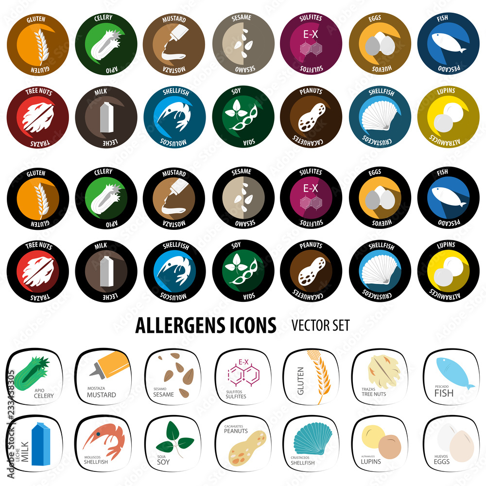 Food allergens icon set for business Food allergens icon set for business