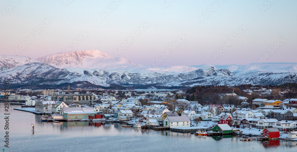 Winter in the Bronnoysund city with views from the Bronnoysund Bridge  in Nordland county