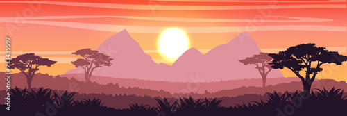 African Savannah at sunset. Acacia trees, grass, mountains, sky, sun and clouds. Realistic vector landscape. The nature of Africa. Reserves and national parks.