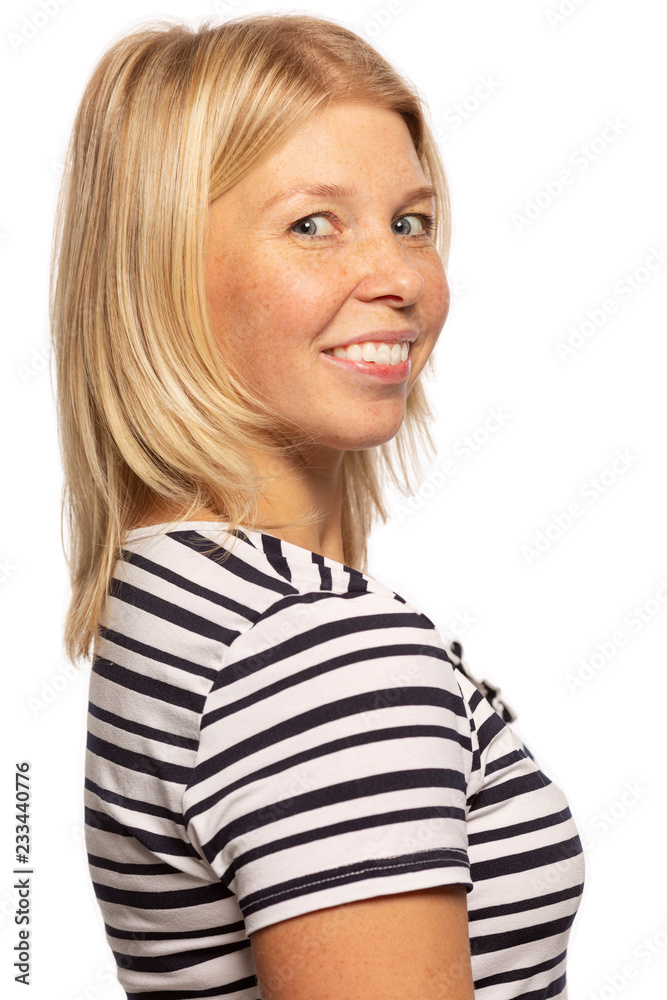 Beautiful woman in profile is laughing, close-up Beautiful woman in profile is laughing, close-up