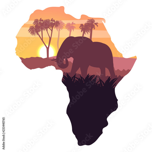 Elephant in the African savanna at sunset. Doum palms. Realistic vector landscapes in the form of a map of continent of Africa. The nature of Africa. Reserves and national park