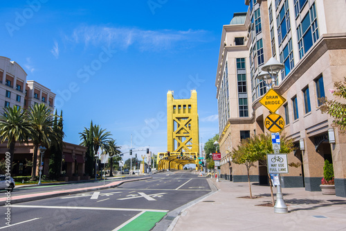 Urban landscape in downtown Sacramento; the Tower Bridge visible in the background; California photo