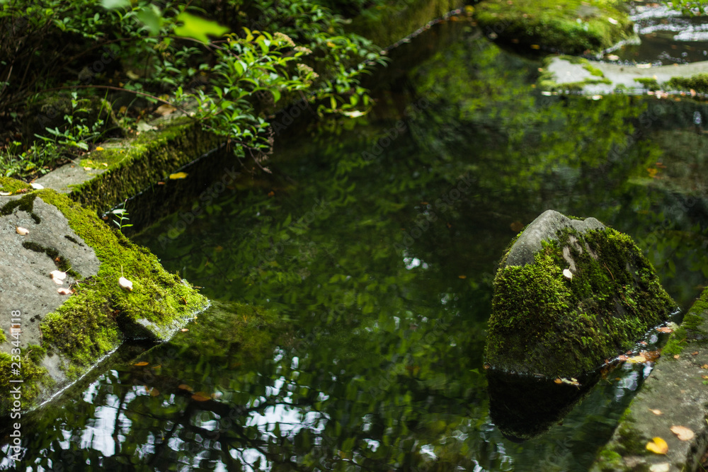 landscape picture of a japanese garden with a small watercourse landscape picture of a japanese garden with a small watercourse