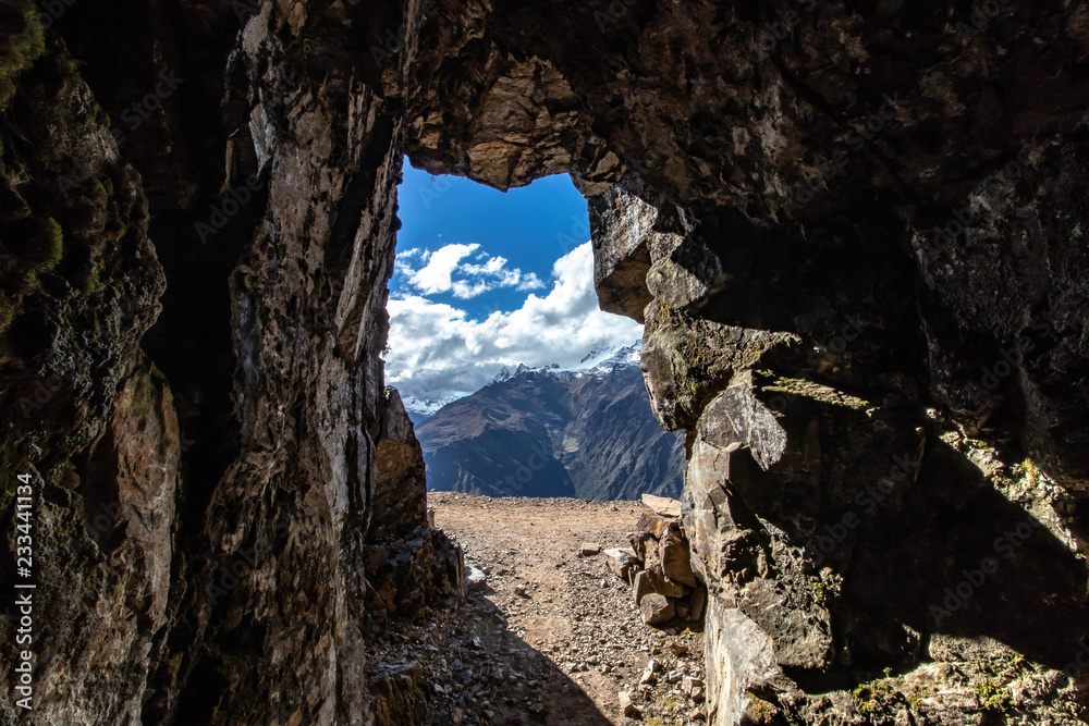 View out of an old silver mine by the Inca Folk on the Choquequirao Trek to Machu Picchu, Andes Mountains, Peru