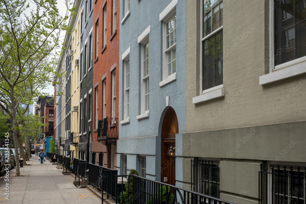 Fototapeta premium Sidewalk along residential buildings, New York City, New York State, USA