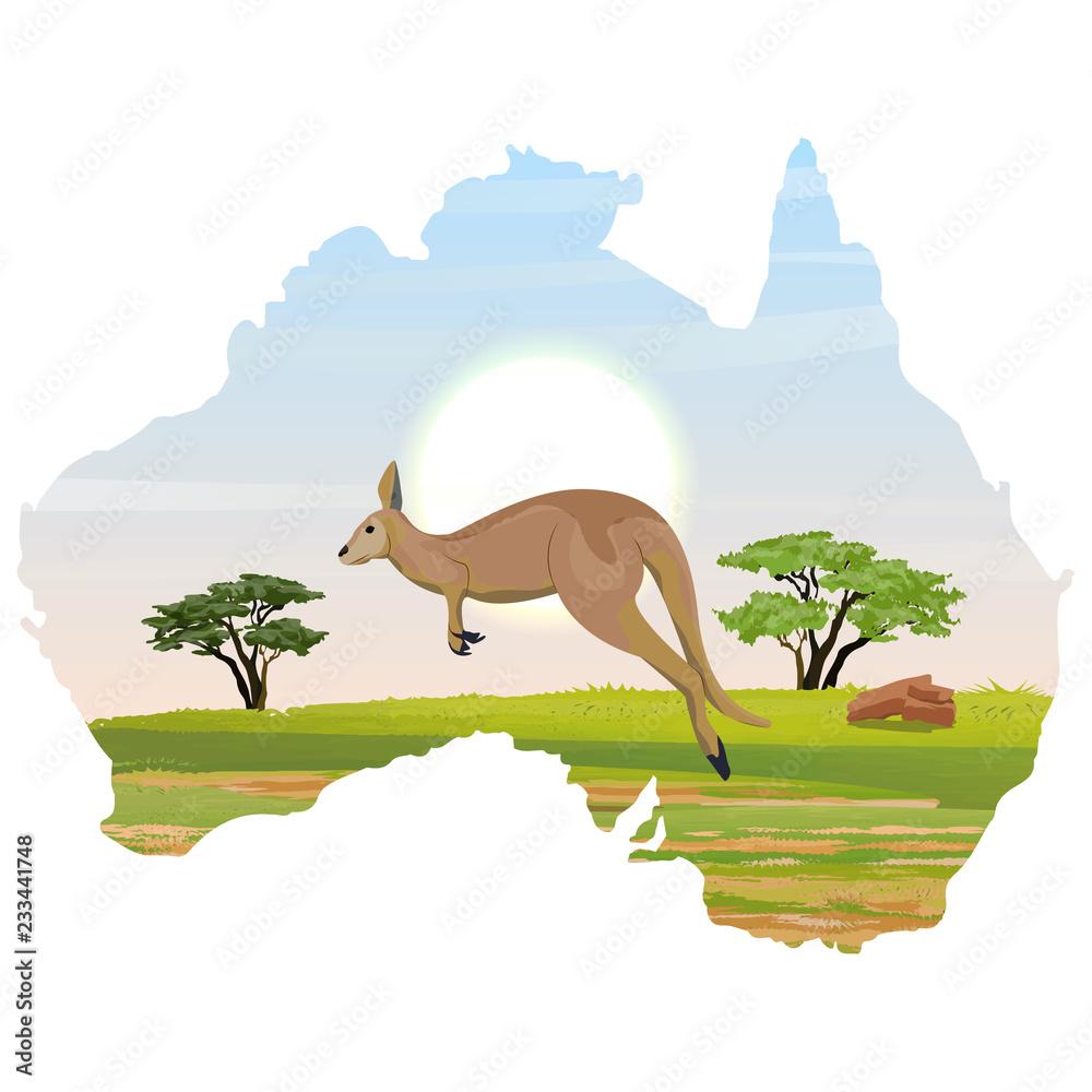 Big red kangaroos is jumping on Australian plain. Wild nature of Australia.  Realistic vector landscape in the form of a map of the continent. Endemic  animals and plants. Travel Stock Vector |