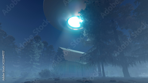 3d UFO over the old hut in the winter forest