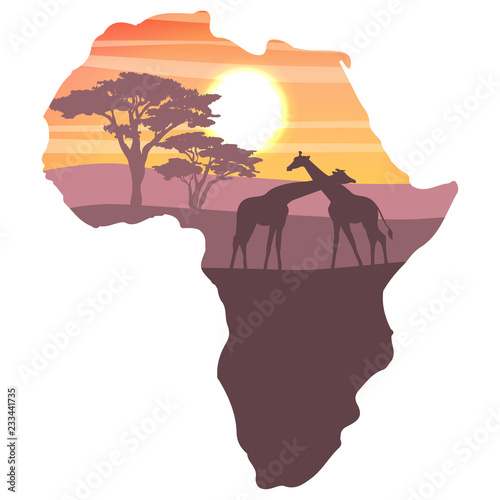 Silhouettes of two giraffes in the African savannah. Realistic vector landscapes in the form of a map of continent of Africa. The nature of Africa. Reserves and national park